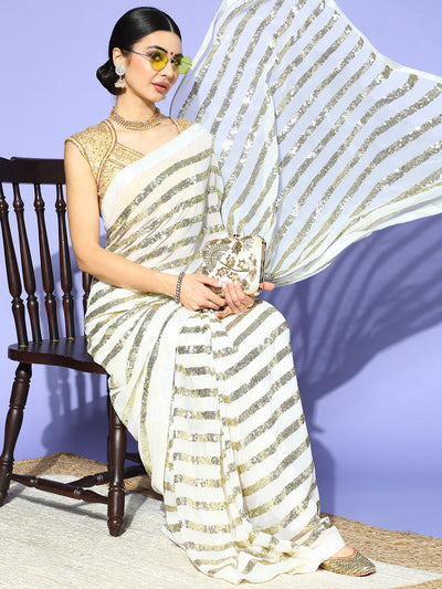 Chhabra 555 White Designer Georgette Cocktail Saree with Sequin Bling Embroidery in striped pattern