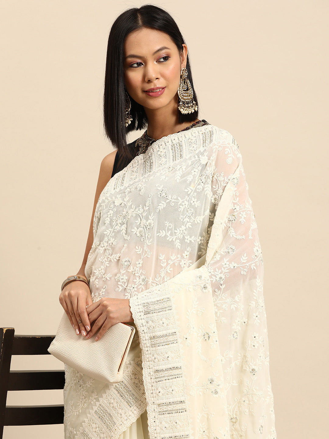 Chhabra 555 Cream Thread Chicken Embroidered With Stone Embellished Georgette Cocktail Saree 