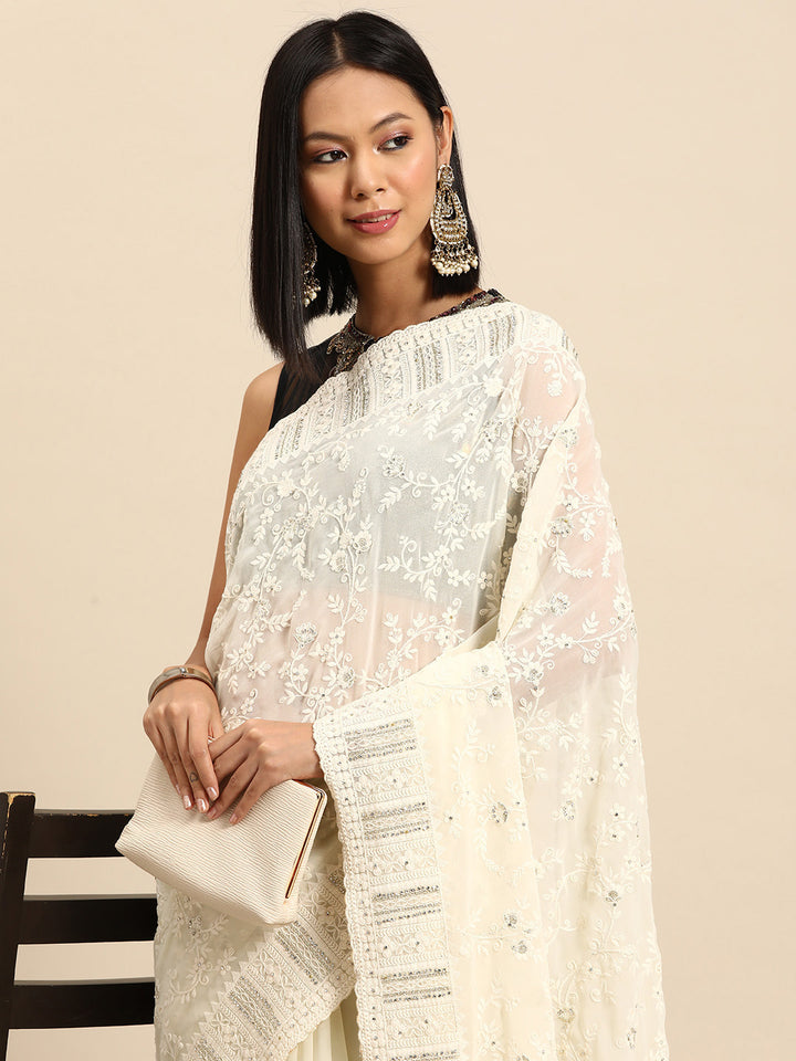 Chhabra 555 Cream Thread Chicken Embroidered With Stone Embellished Georgette Cocktail Saree 
