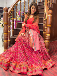 Coral Pink Digital Printed Full Sleeves, Long Flared Gown With Dupatta