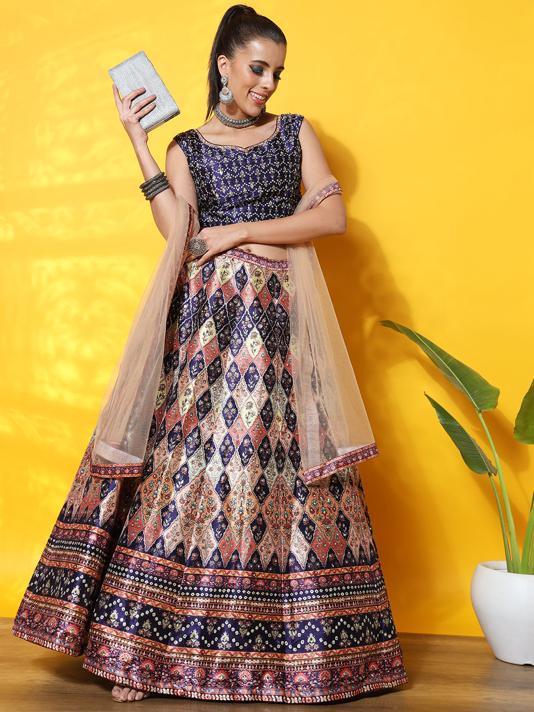 Chhabra 555 Royalty Inspired Indigo Digital Print Silk Lehenga Set with Crystal Embellishments