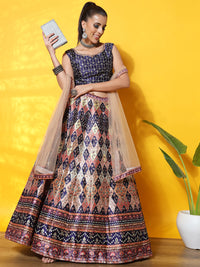 Chhabra 555 Royalty Inspired Indigo Digital Print Silk Lehenga Set with Crystal Embellishments