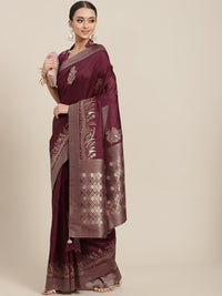 Chhabra 555 Burgundy Gold Zari & Crystal Embellished Chanderi Silk Traditional Saree with Tassels 
