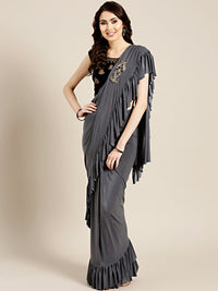 Draped Ruffled Pre-stitched Saree with Embellished Sequinned Crop Top Blouse