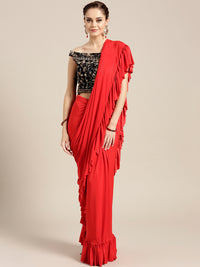 Draped Ruffled Pre-stitched Saree with Embroidered Off-shoulder Crop Top Blouse