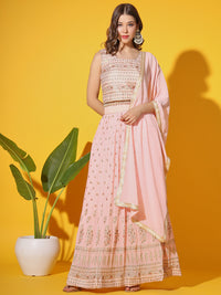 Chhabra 555 Peach Ethnic Foil Print Embellished Georgette Lehenga Choli Set with Pearl Tassles