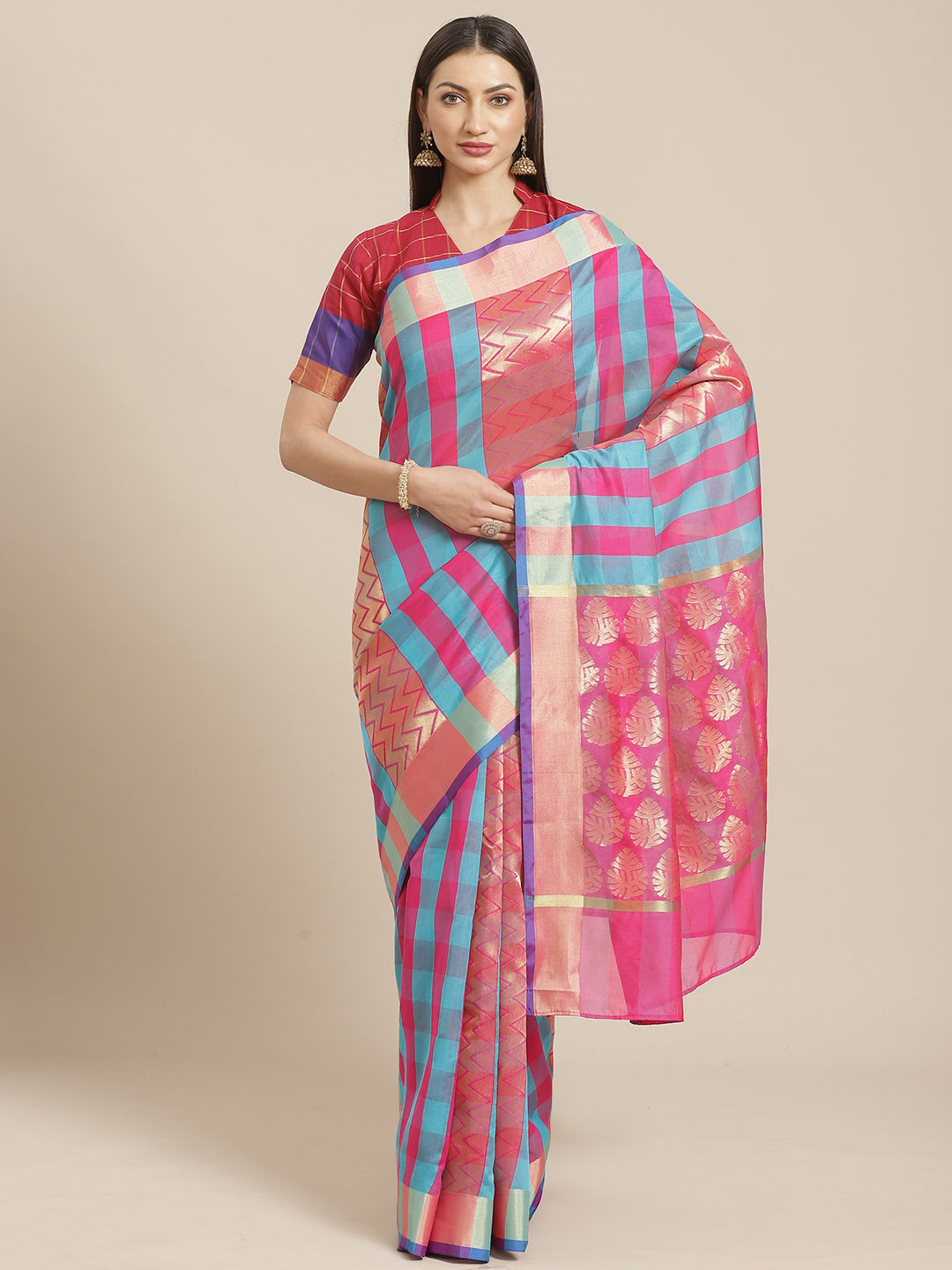 Mangalagiri Chanderi Silk Saree with Bright Checkered pattern and Zari Pallu