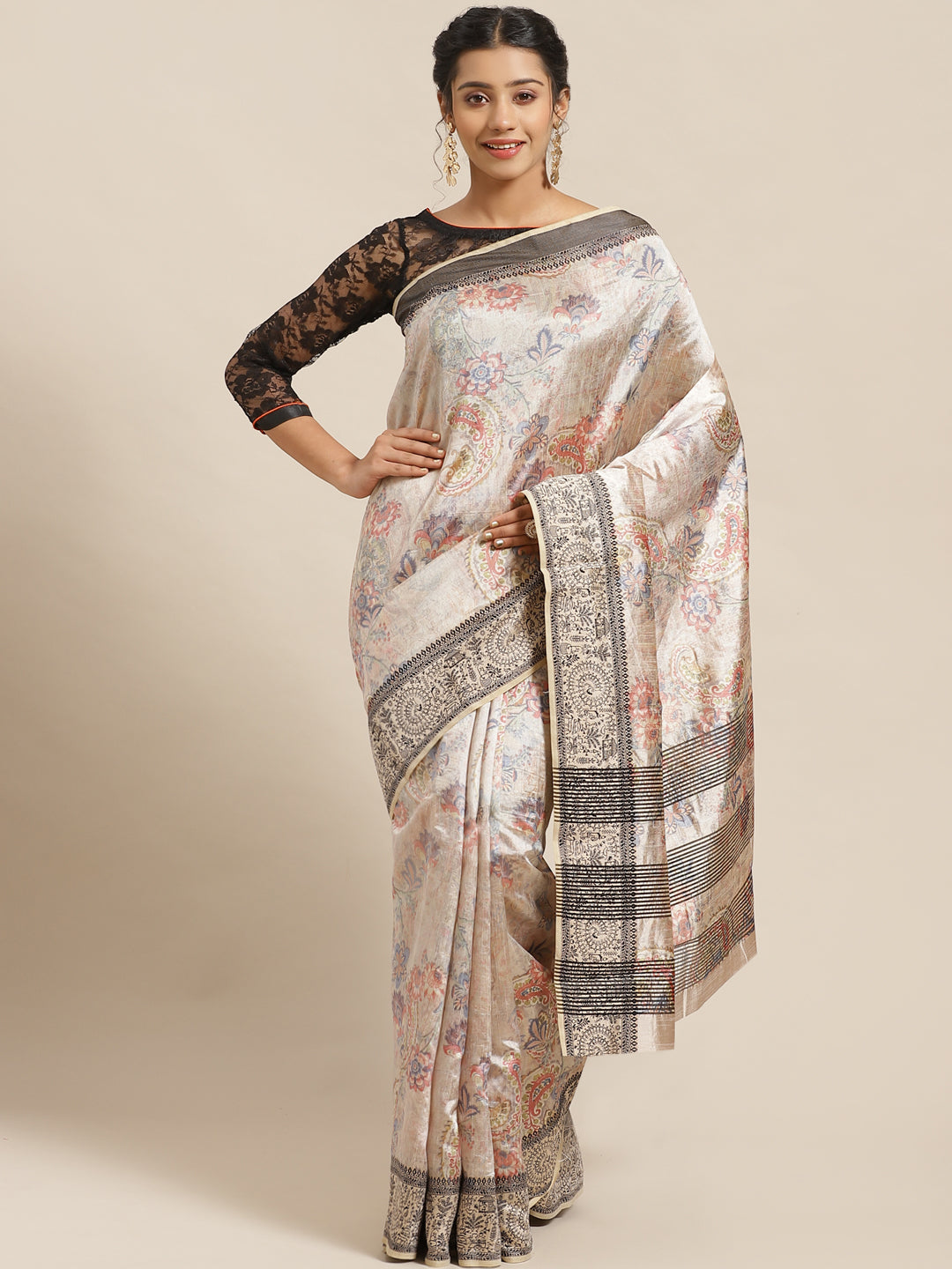 Handloom Chanderi Saree with  Floral Digital Print & Tribal Art Border