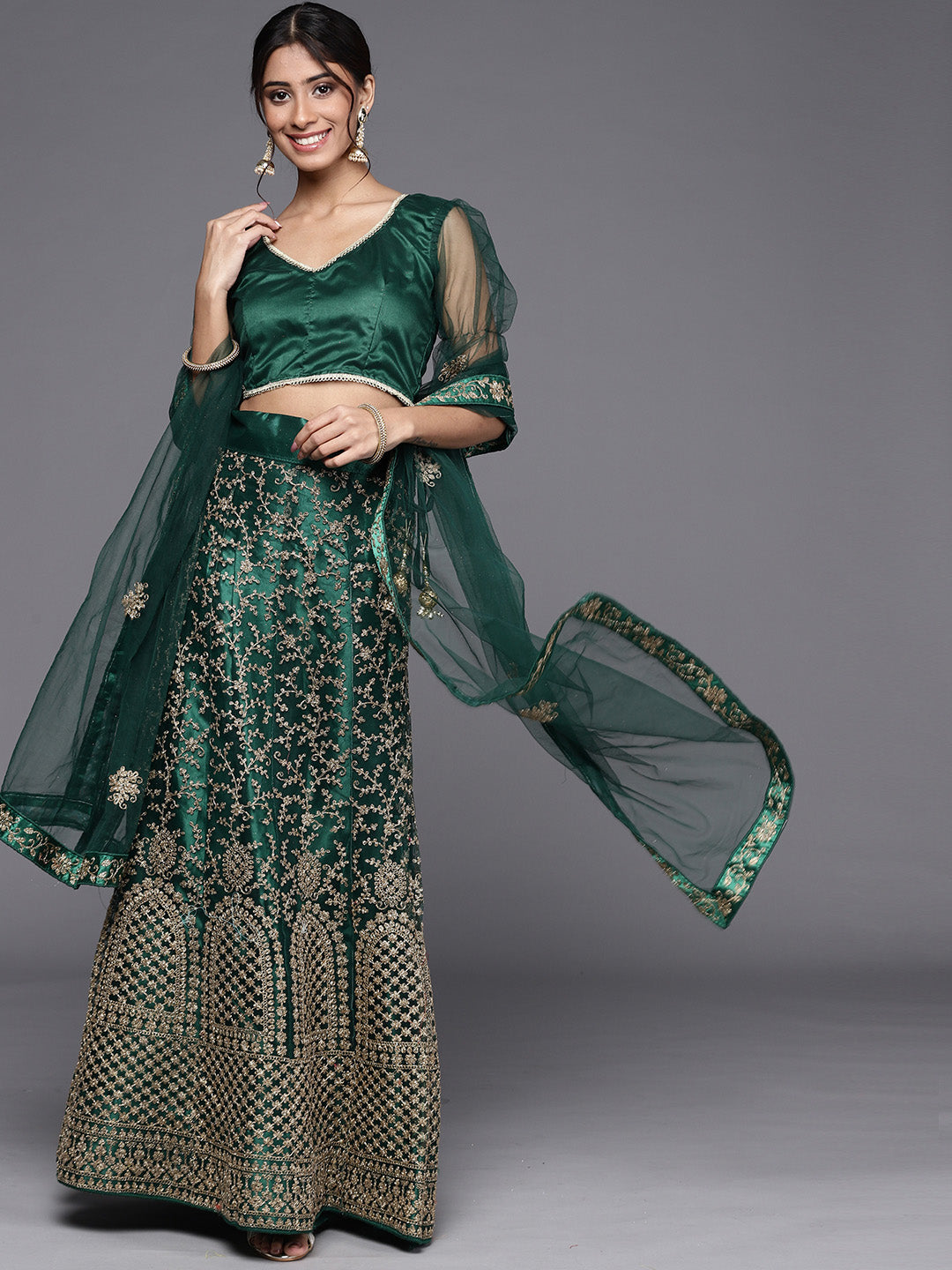 Chhabra 555 Bottle Green Jaal Gold Kasab Zari Embroidery Semi-Stitched Lehenga Set &Ethnic Motifs