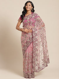 Resham Embroidered Net Saree with Zari and Crystal Embellishments