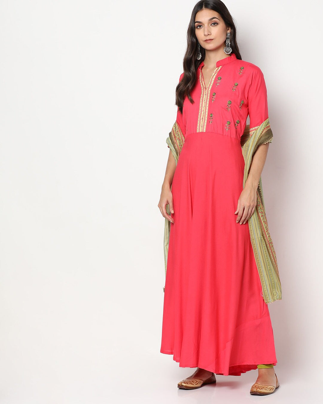 Chhabra 555 Anarkali Kurta Set with Resham Floral Embroidery and Striped Gota Patti Printed dupatta
