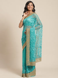 Turquoise Net Resham Embroidered Saree With Pearls, Cut work Border & Embroidered belt