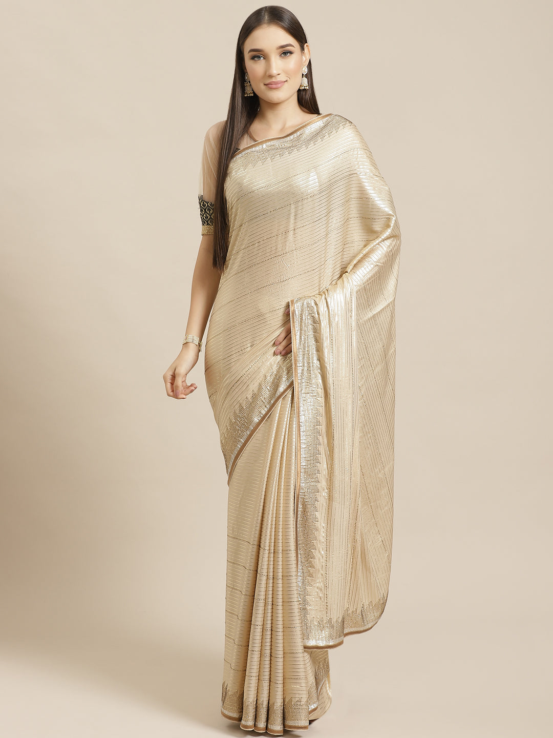Golden Shimmer Georgette Cocktail Saree with Foil Print & Heavy Swarovski Work