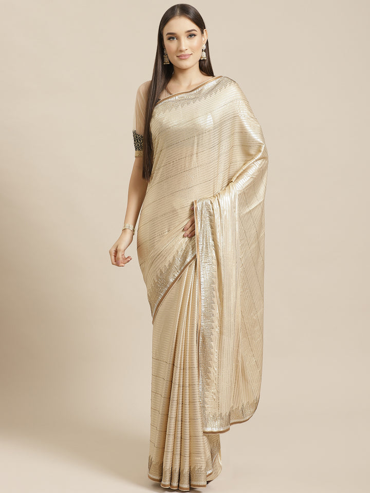 Golden Shimmer Georgette Cocktail Saree with Foil Print & Heavy Swarovski Work