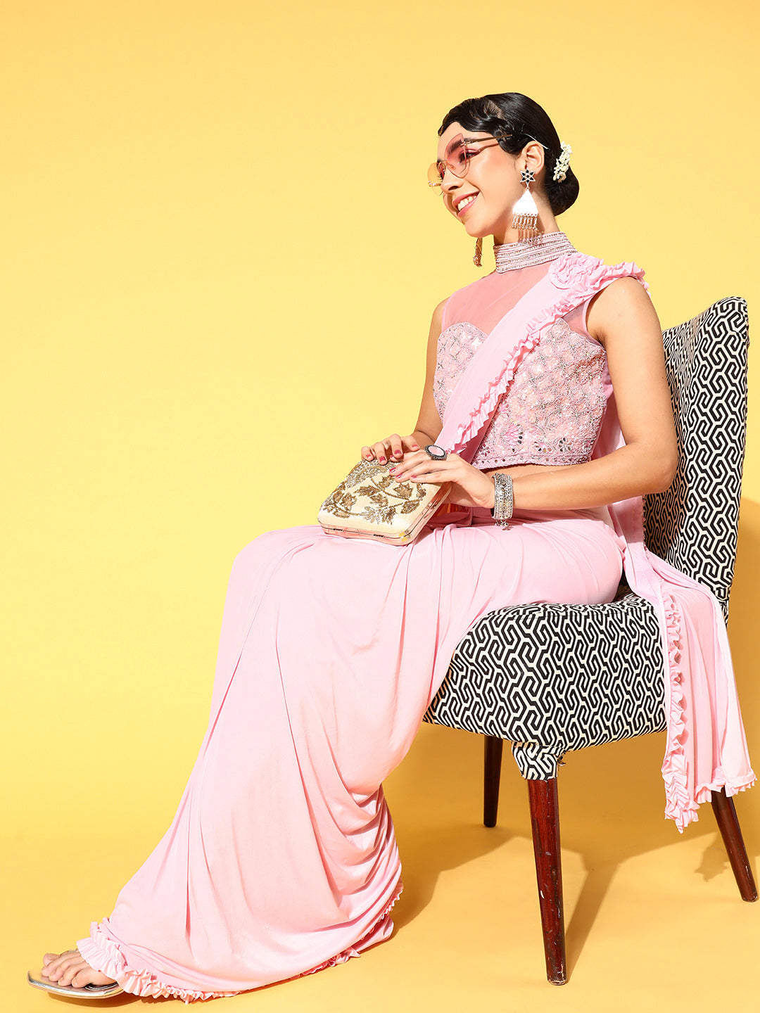 Chhabra 555 Pre-Draped Ready to wear Lycra Saree with Sequin Embellished Halter Neck Blouse