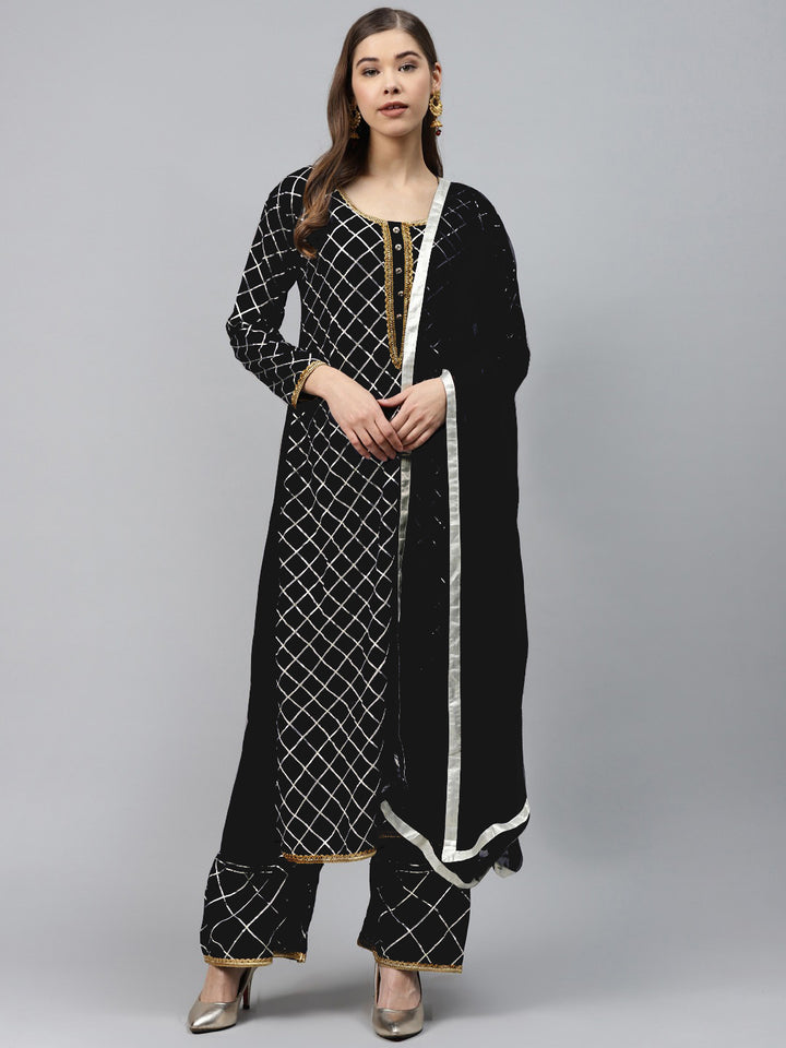 Made to Measure Black Kurta Pallazo Set with Gotta Patti Embroidery & Chiffon Dupatta