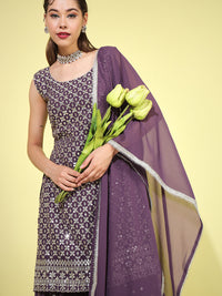 Chhabra 555 Made-to-Measure Purple Sequence & Zari Embroidered Embellished Kurta Sharara With Dupatta Set 