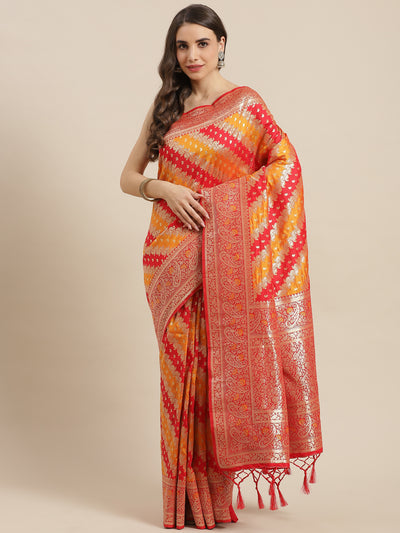 Chhabra 555 Red & Orange Silk Meenakari Banarasi Saree Embellished With Resham Weaving

Color: Orange & Red

Type: Banarasi Sarees

Pattern: Embroidered

Pattern Type: Woven Design

Ornamentation: Zari

Border: Woven Design

Fabric: Art Silk

Saree length: 5.50 mtr., Width: 1.10 mtr, Blouse length: 0.70 mtr
Dry Clean

The CAD image gives a detailed look of the actual blouse piece that comes with this saree. The blouse used by the model in the pictures is only for styling purpose.