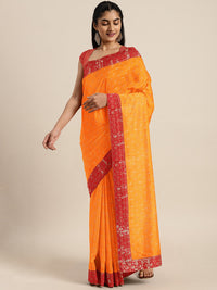 Chhabra 555 Mustard Ethnic Foil Print Bhagalpuri Silk Saree With Zari Handllom Border & Brocade Blouse