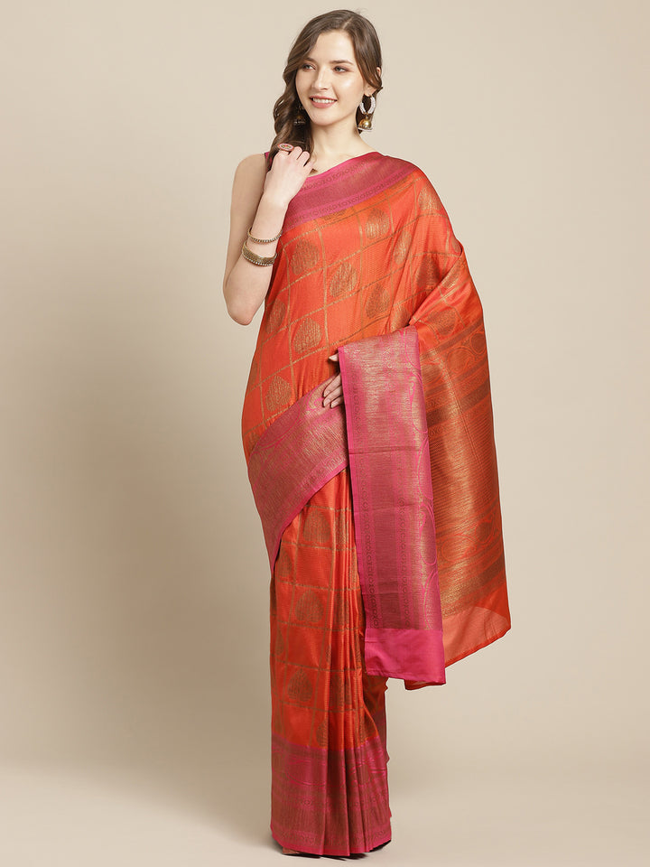 NWJL5433 Traditional Checked Banarasi Jute Silk Saree with Oxidised Zari and contrast border