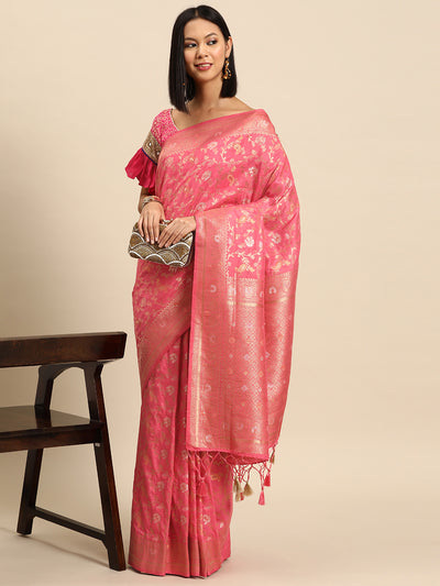 Chhabra 555 Bright Pink Floral & Paisley Gold Zari Motifs Traditional Jute Silk Saree With Tassels 