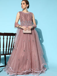 Floor Length Mauve Mirror Work Embellished Flared Gown