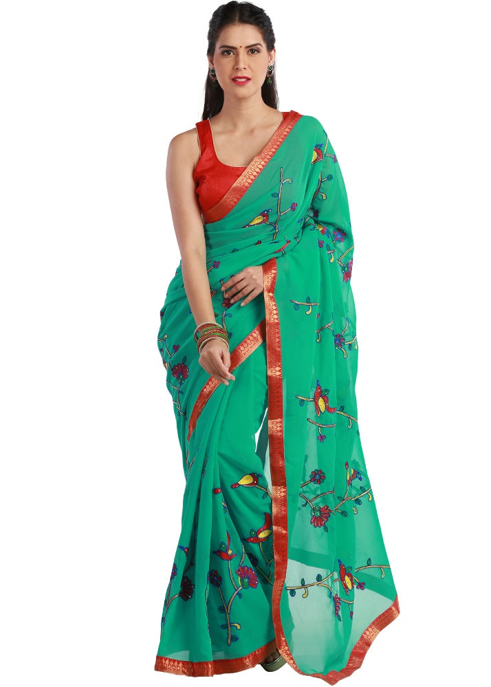 Teal Green Colored Georgette Embroidered Saree