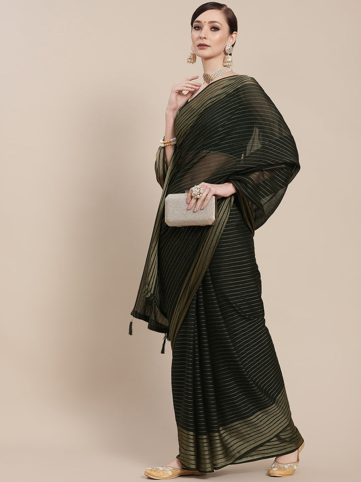 Chhabra 555 Bottle Green Chiffon Swarovski Embelllished Striped Weaving Saree