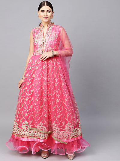 Chhabra 555 Made to Measure Net Anarkali Cocktail Gown with Resham Zari Embroidery and dupatta