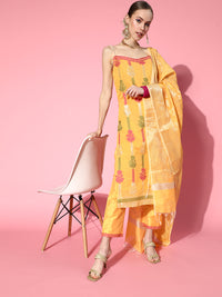 Chhabra 555 Yellow Banarasi Floral Handloom Kurta Pant Set with Pearl Embellished Straps