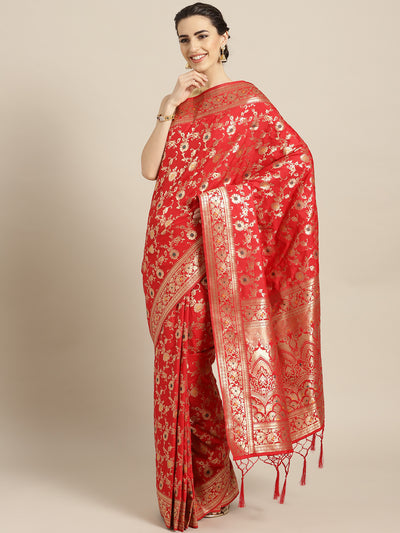 Chhabra 555 Red Banarasi Bridal Handloom Silk Saree with Floral Meenakari pattern and Jhalar