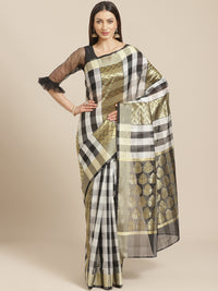 Mangalagiri Chanderi Silk Saree with Black and grey Checkered pattern and Zari Pallu