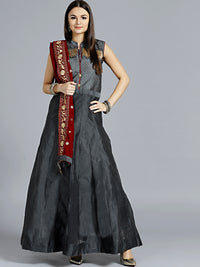 Chhabra 555 Made-to-Measure Grey Anarkali Kurta Set with Maroon Velvet Dupatta and Zari Embroidery