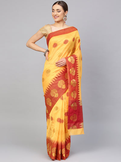 Chhabra 555 Yellow Chanderi Silk Handloom, Hand Woven,Floral Banarasi Tample Zari Weav Border Saree  