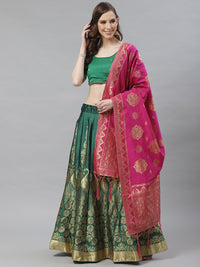 Ombre Semi Stitched Kalidar Banarasi Lehenga Choli With Zari Weaving & Peacock Motifs