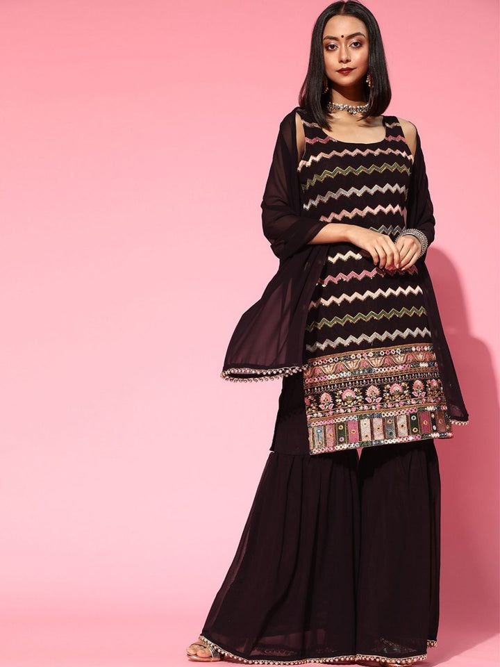 Made to Measure Resham Mirror Embroidery Sharara Suit Set & Beads Embellished Dupatta