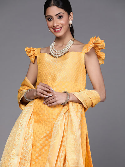 Chhabra 555 Yellow Made-to-Measure Banarasi Handloom Kurta Sharara Set with Frills Pleated Sleeves  