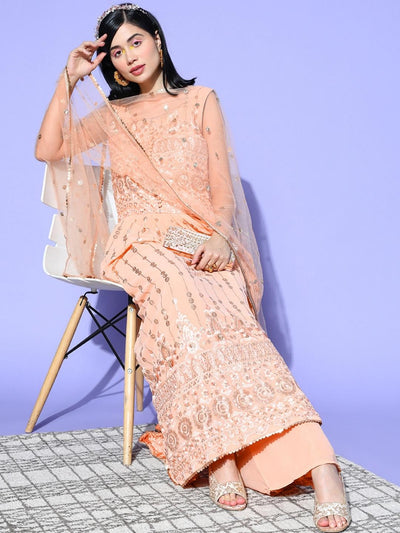 Chhabra 555 Pastel Peach Sequence & Resham Embroidered Georgette Kurta Palazzo Set with Gold Laces 