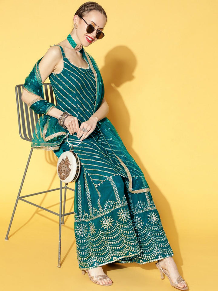Teal Blue Sequence, Pearl & Mirror Work Kurta Sharara Dupatta Set