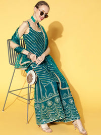 Chhabra 555 Teal Blue Sequence, Pearl & Mirror Embellished Kurta Sharara Set, Net Lace Dupatta