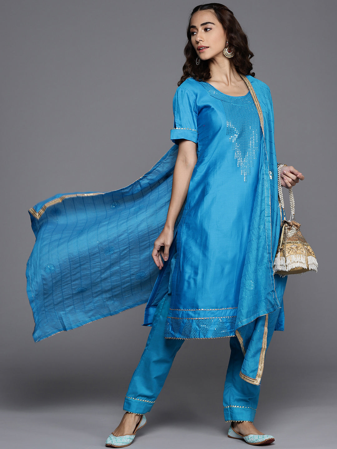 Chhabra 555 Unstitched Cotton Sequence Gota Embellished Dress Material Set & Embroidered Dupatta