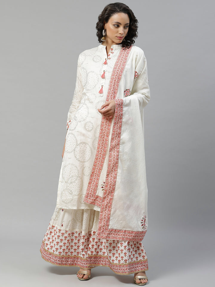 Made to Measure Off-White Mukaish Work Embellished Kurta Printed Readymade Sharara Set with Cotton Resham Embroidery & Mirror Work Dupatta.