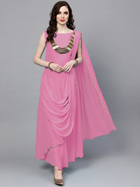 Pink Georgette Draped Dress with Attached Necklace and Dupatta