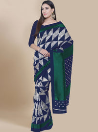 Navy Blue & Green Printed Art Silk Saree