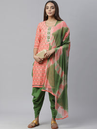 Cotton Ikat Inspired Kurta Set with Zari embroidered neckline and Bandhej Dupatta