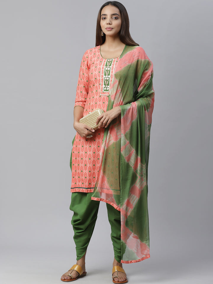 Cotton Ikat Inspired Kurta Set with Zari embroidered neckline and Bandhej Dupatta