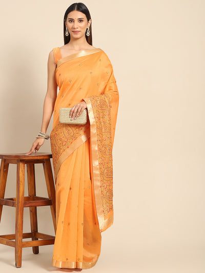 Chhabra 555 Orange Paisley Resham Thread Embroidery Cotton Tussar Saree with Gold Zari Border 