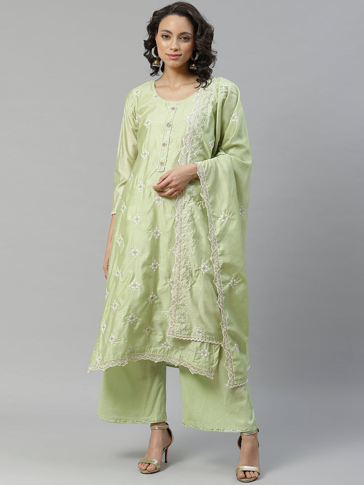Made to Measure Pista Green Art Silk Embroidered Suit With Palazo And Art Silk Heavy Dupatta