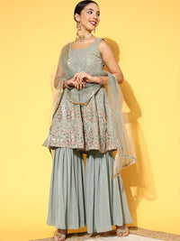 Chhabra 555 Pastel Peplum Zari & Sequin Embroidered Kurta Sharara Set With Scalloped lace Dupatta