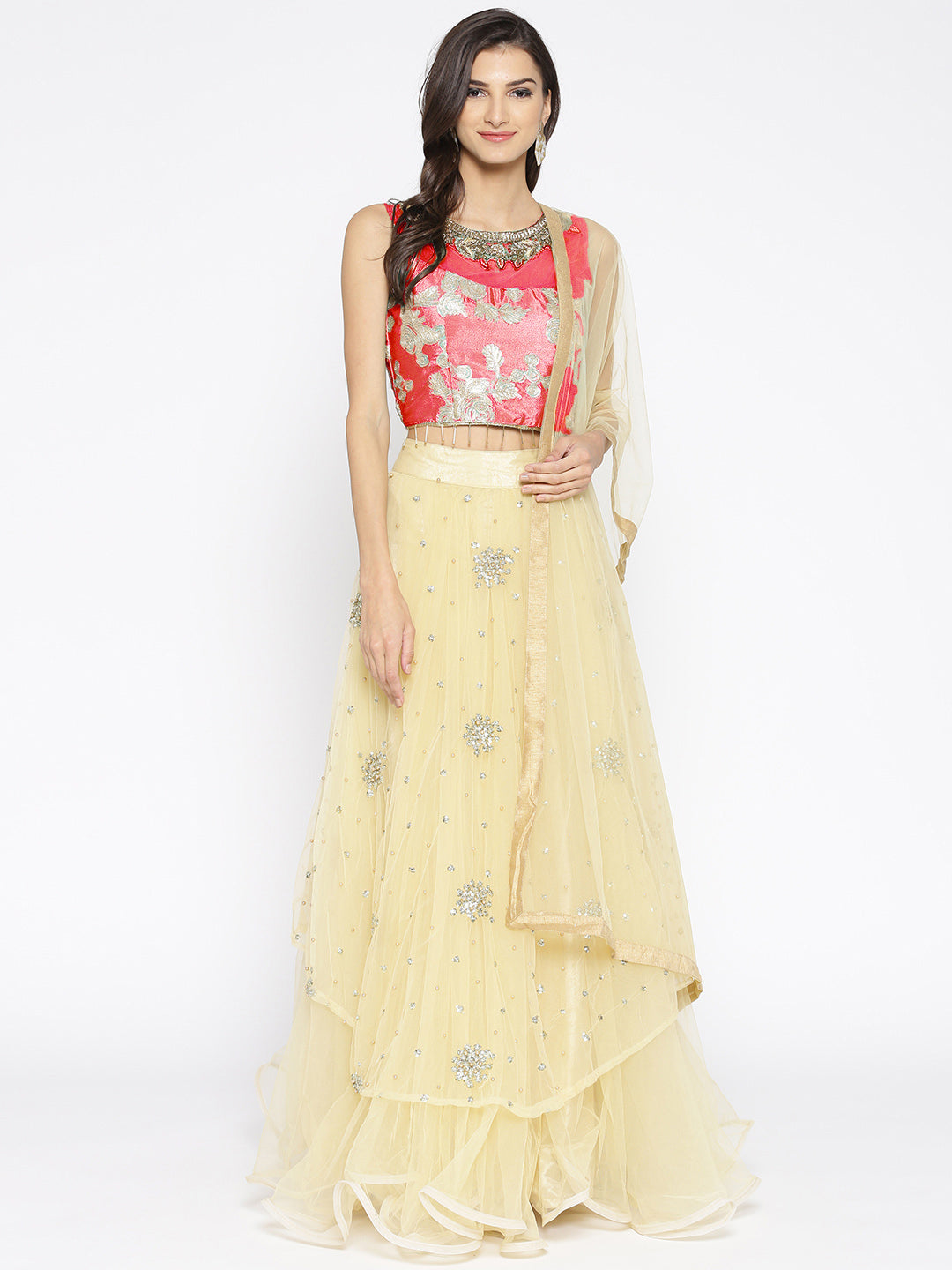 Chhabra 555 Red Gold Embellished Crop top Lehanga set With Gotta Patti, Resham and Nakshi Embroidery